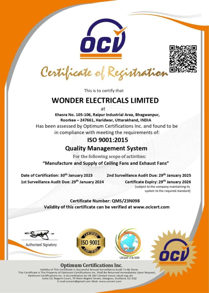 Quality Management System Certificate of Wonder Electricals